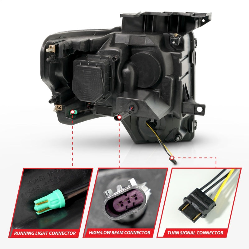 ANZO Full LED Projector Headlights for 09-14 Ford F-150 with clear lens and black housing.