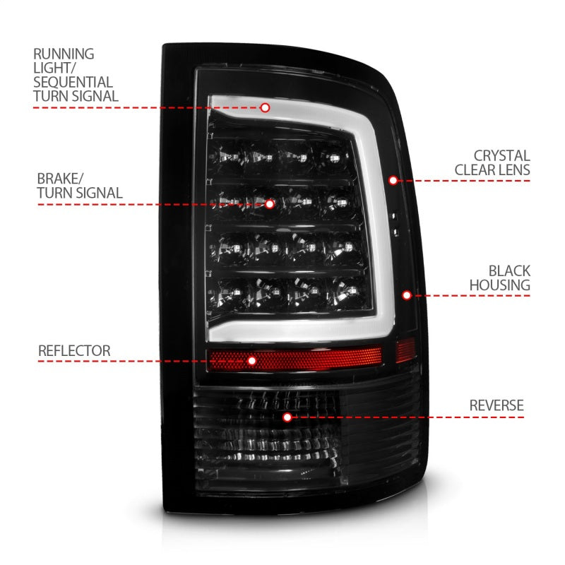 ANZO Full LED Taillights for 09-18 Dodge Ram 1500 with sequential lighting and black housing, enhancing vehicle visibility and style.