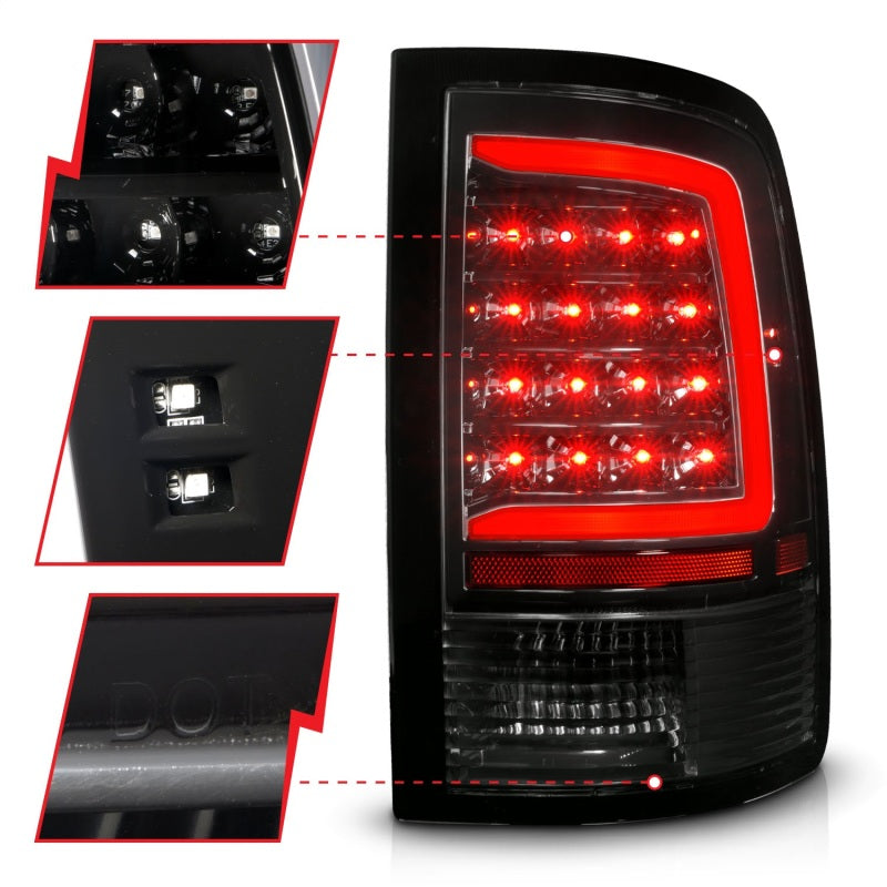 ANZO Full LED Taillights for 09-18 Dodge Ram 1500 with sequential lighting and black housing, enhancing vehicle visibility and style.