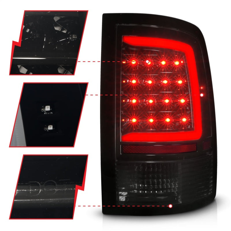 ANZO 09-18 Dodge Ram 1500 Full LED Taillights with Sequential Black Housing, showcasing modern design and bright illumination.