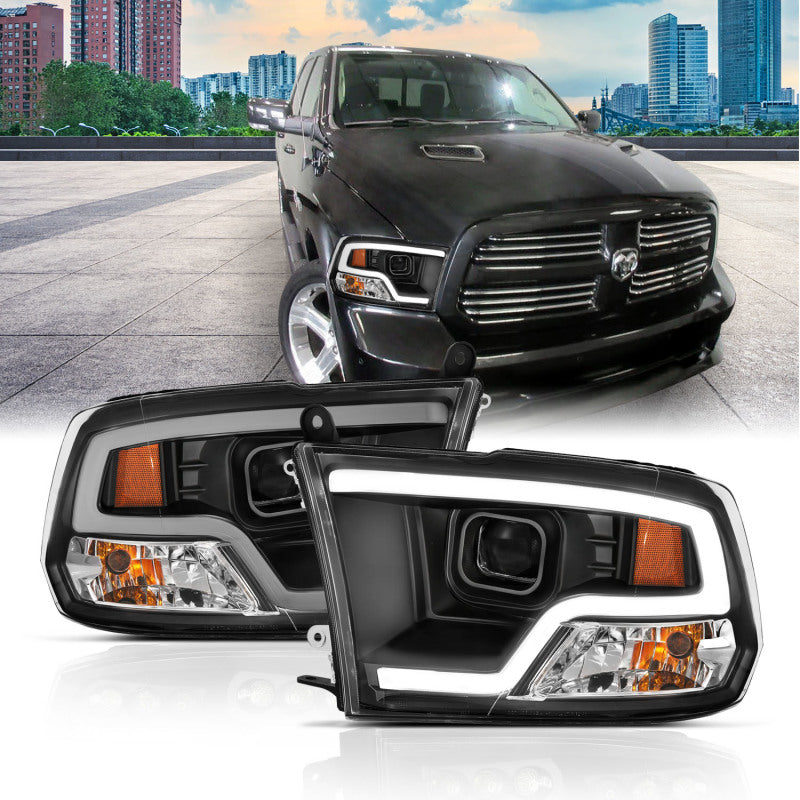 ANZO 09-18 Dodge Ram 1500 Plank Style Projector Headlights in black finish, showcasing modern design and superior lighting technology.