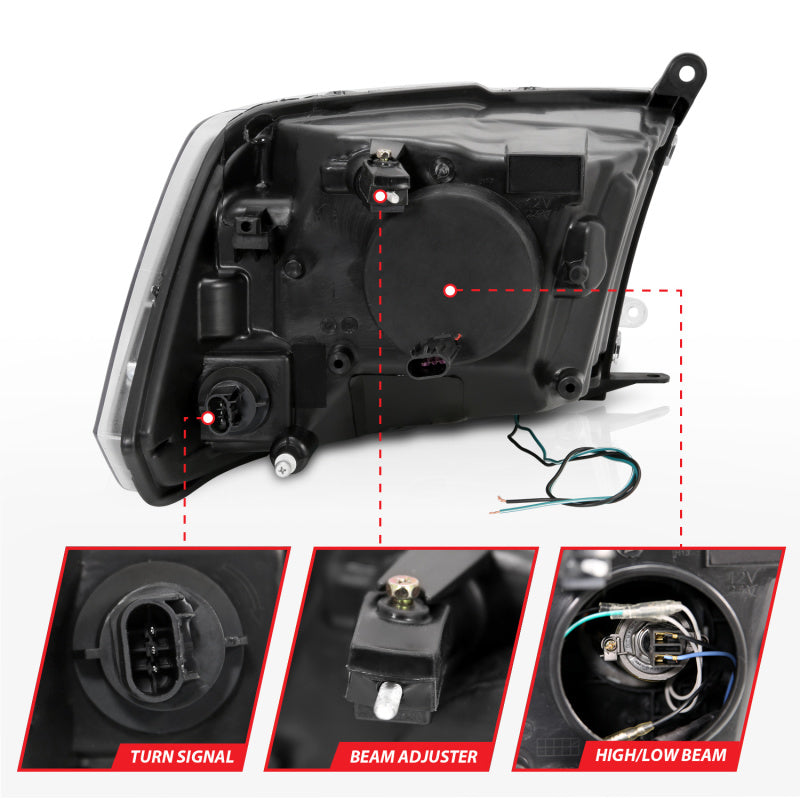 ANZO 09-18 Dodge Ram 1500 Plank Style Projector Headlights in black finish, showcasing modern design and superior lighting technology.