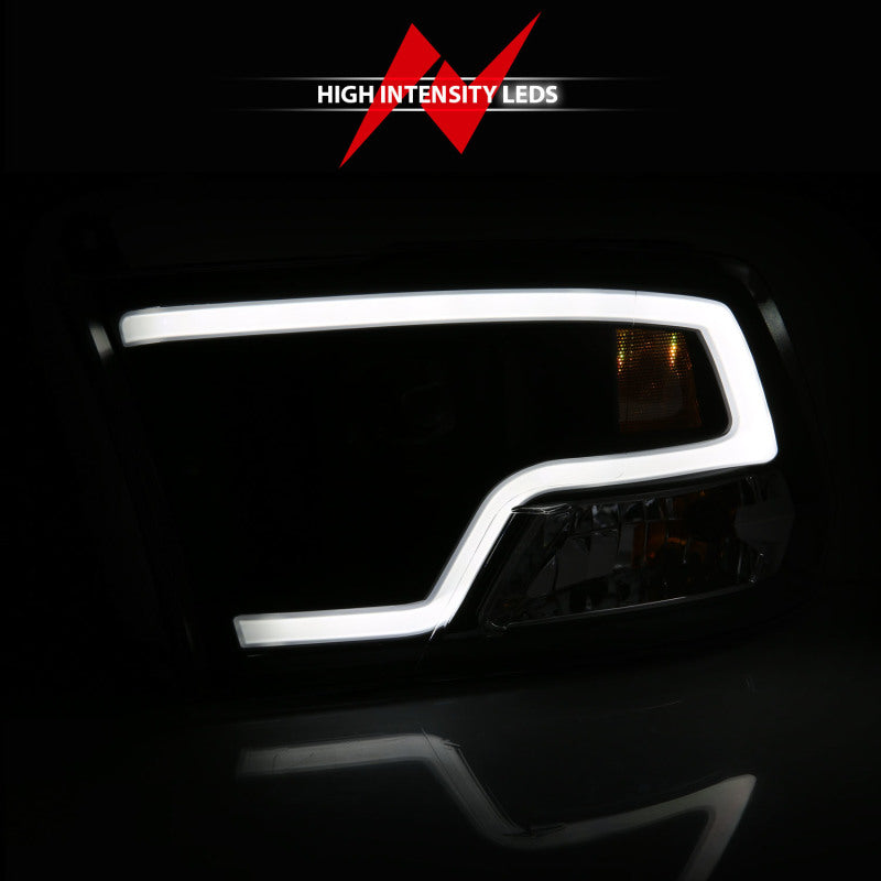 ANZO 09-18 Dodge Ram 1500 Plank Style Projector Headlights in black finish, showcasing modern design and superior lighting technology.