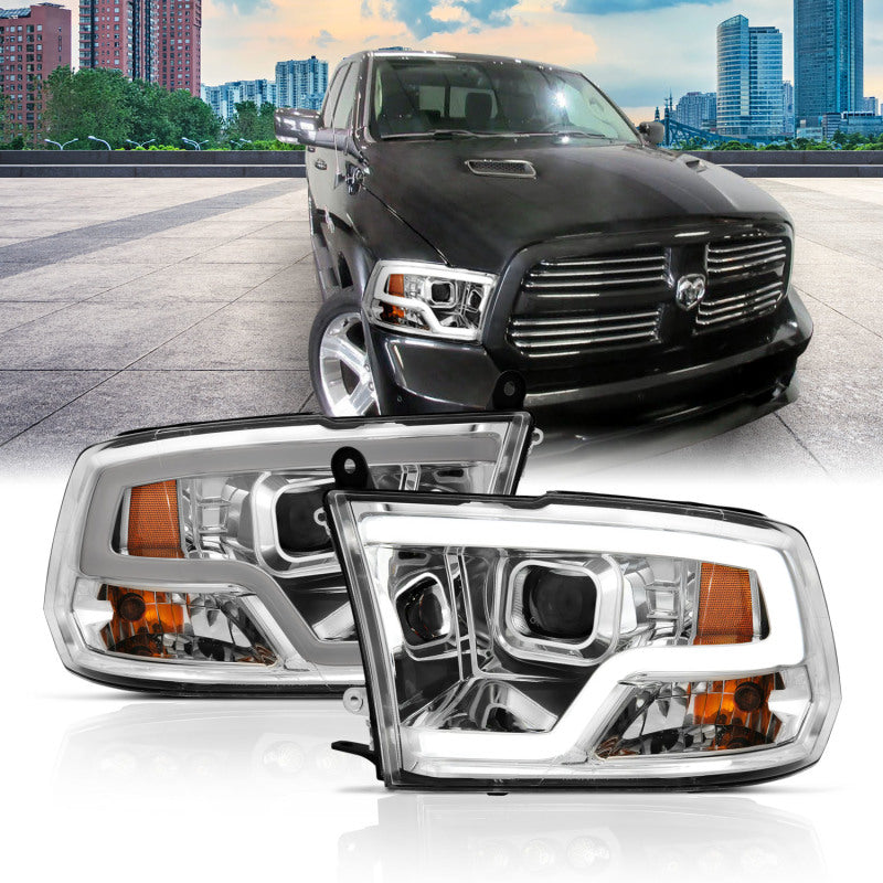 ANZO 09-18 Dodge Ram 1500 Plank Style Projector Headlights in chrome finish, showcasing innovative design and superior lighting.