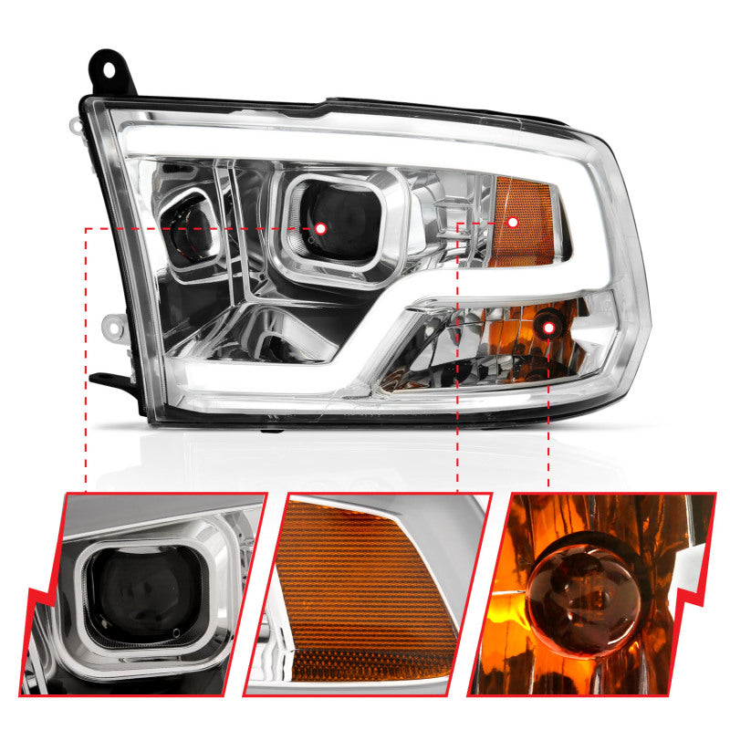 ANZO 09-18 Dodge Ram 1500 Plank Style Projector Headlights in chrome finish, showcasing innovative design and superior lighting.