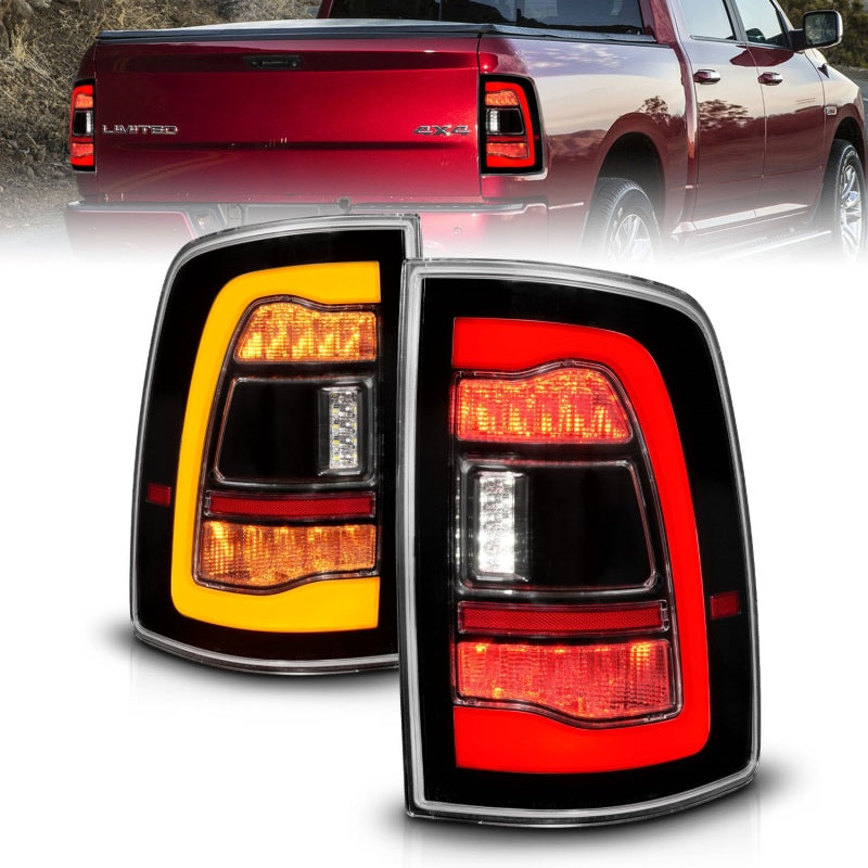 ANZO Sequential LED Taillights for Dodge Ram 1500 in black finish with switchback feature, showcasing modern design and bright LED lights.
