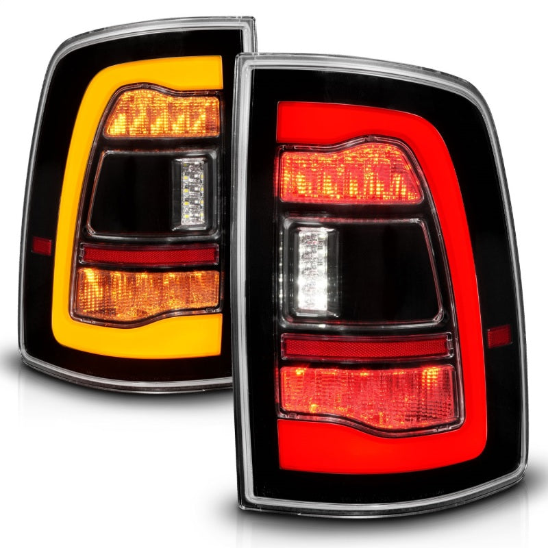ANZO Sequential LED Taillights for Dodge Ram 1500 in black finish with switchback feature, showcasing modern design and bright LED lights.