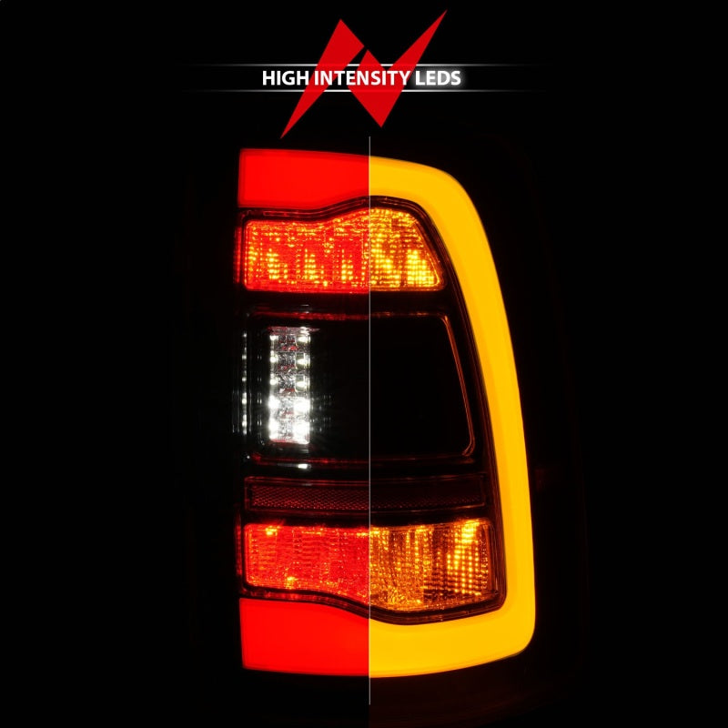 ANZO Sequential LED Taillights for Dodge Ram 1500 in black finish with switchback feature, showcasing modern design and bright LED lights.