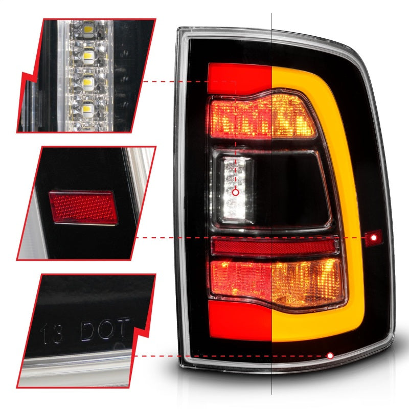 ANZO Sequential LED Taillights for Dodge Ram 1500 in black finish with switchback feature, showcasing modern design and bright LED lights.