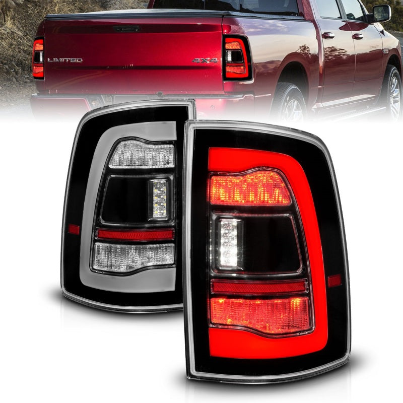 ANZO 09-18 Dodge Ram 1500 Sequential LED Taillights in black, showcasing sleek design and advanced lighting technology.