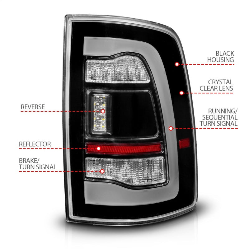 ANZO 09-18 Dodge Ram 1500 Sequential LED Taillights in black, showcasing sleek design and advanced lighting technology.