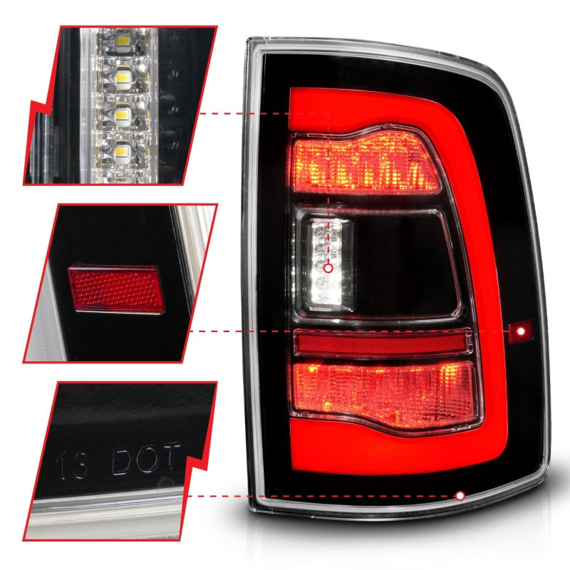 ANZO 09-18 Dodge Ram 1500 Sequential LED Taillights in black, showcasing sleek design and advanced lighting technology.