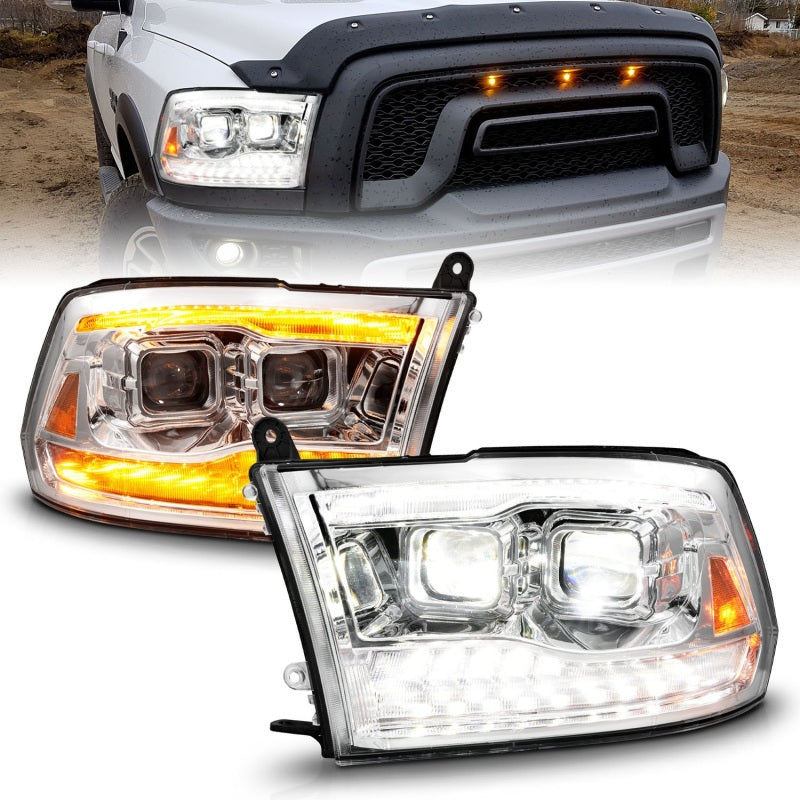 ANZO Full LED Projector Headlights for Dodge Ram 1500/2500/3500, featuring clear lens and black housing.