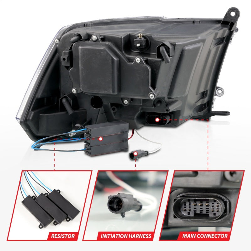 ANZO Full LED Projector Headlights for Dodge Ram 1500/2500/3500, featuring clear lens and black housing.