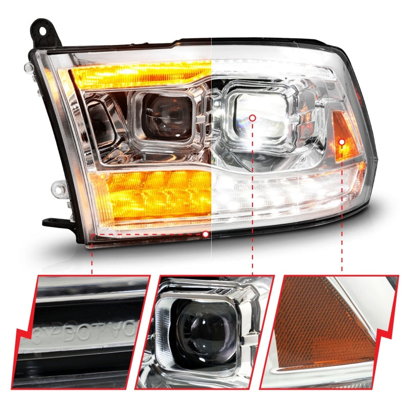 ANZO Full LED Projector Headlights for Dodge Ram 1500/2500/3500, featuring clear lens and black housing.