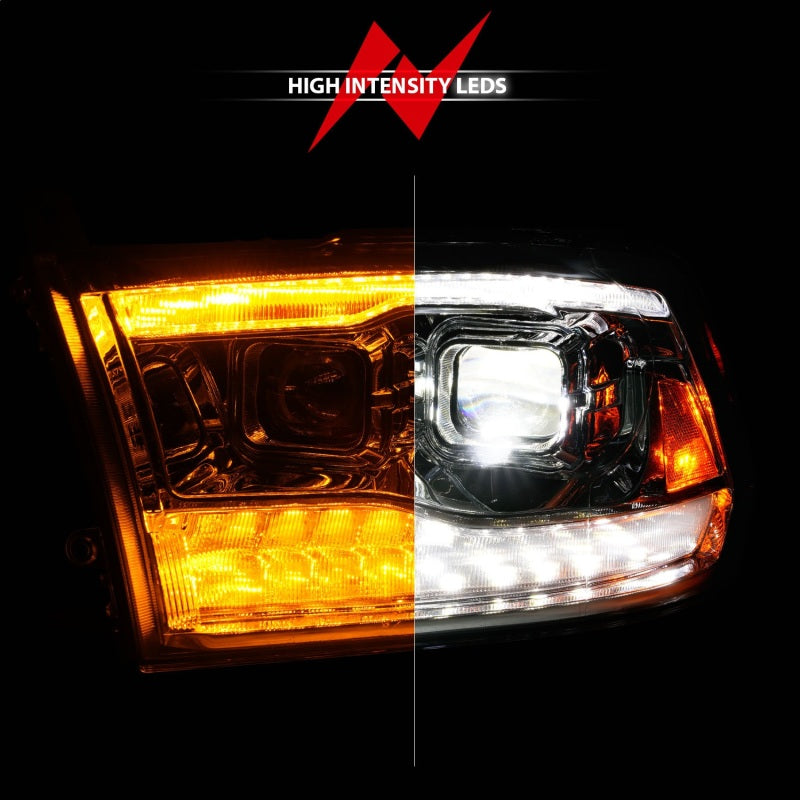 ANZO Full LED Projector Headlights for Dodge Ram 1500/2500/3500, featuring clear lens and black housing.