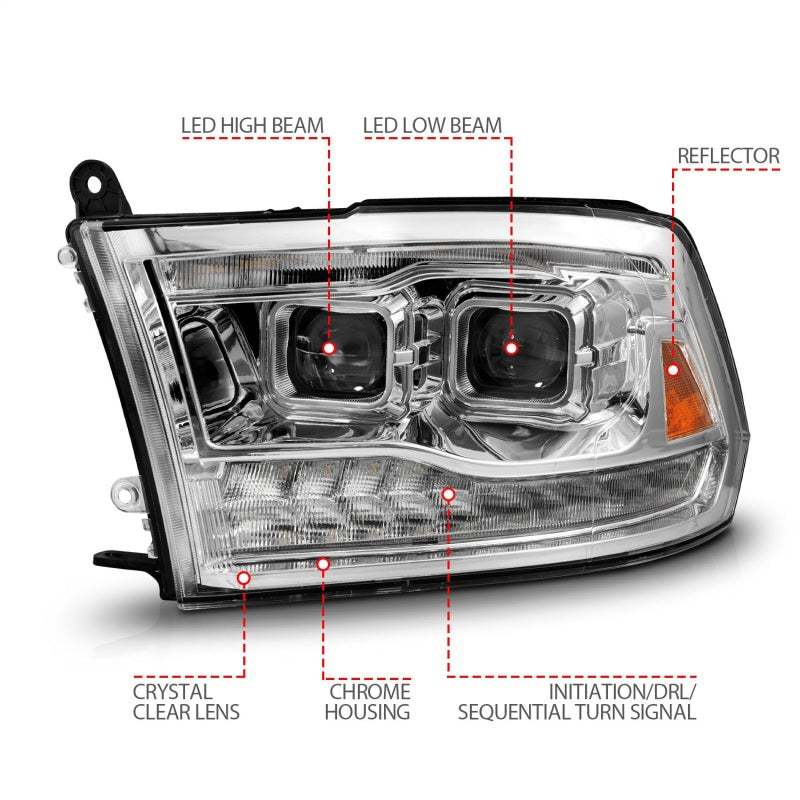 ANZO Full LED Projector Headlights for Dodge Ram 1500/2500/3500, featuring clear lens and black housing.