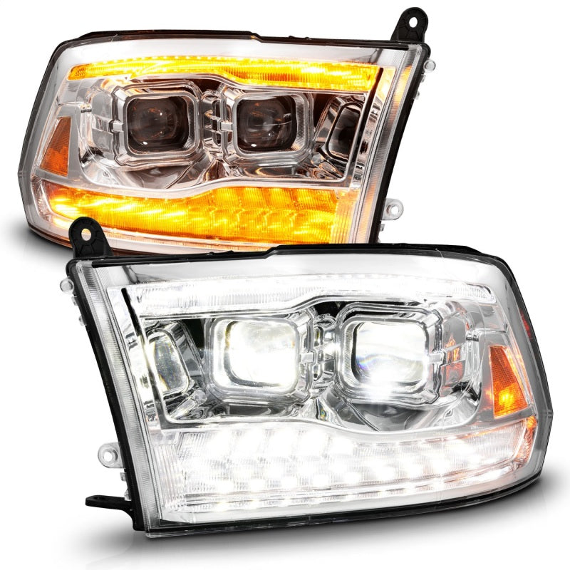 ANZO Full LED Projector Headlights for Dodge Ram 1500/2500/3500, featuring clear lens and black housing.