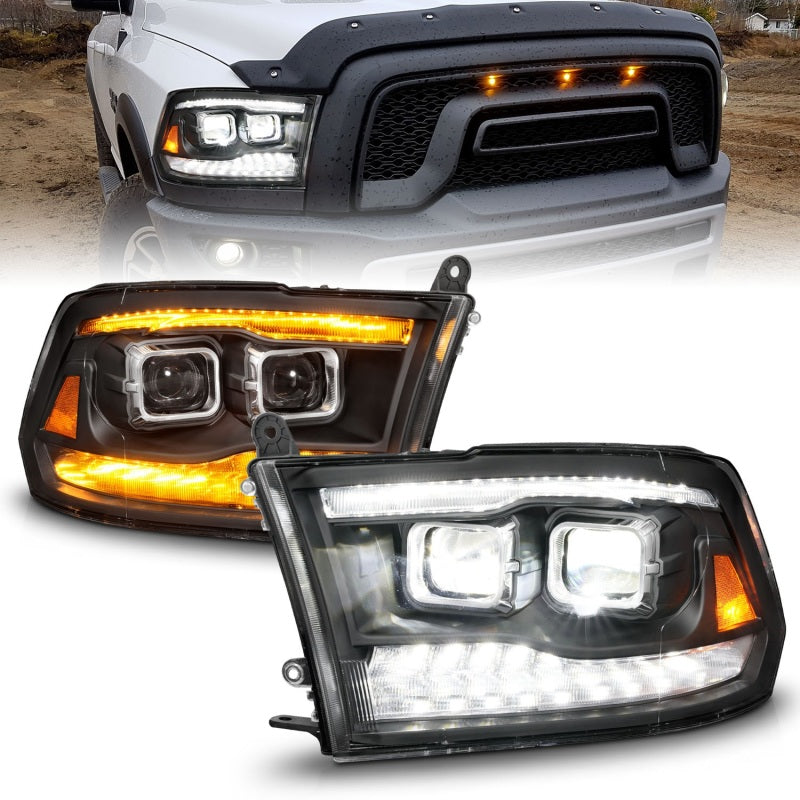 ANZO Full LED Projector Headlights for Dodge Ram 1500/2500/3500 with clear lens and black housing, showcasing modern design and superior illumination.