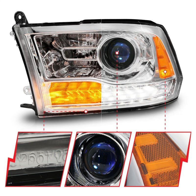 ANZO LED Plank Style Headlights for Dodge Ram 1500/2500/3500, showcasing modern design and bright illumination.