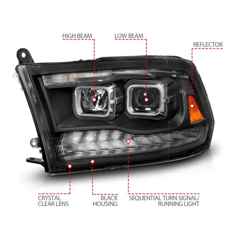 ANZO 09-18 Dodge Ram 1500/2500/3500 Proj HL Headlights featuring a sleek design with switchback functionality.