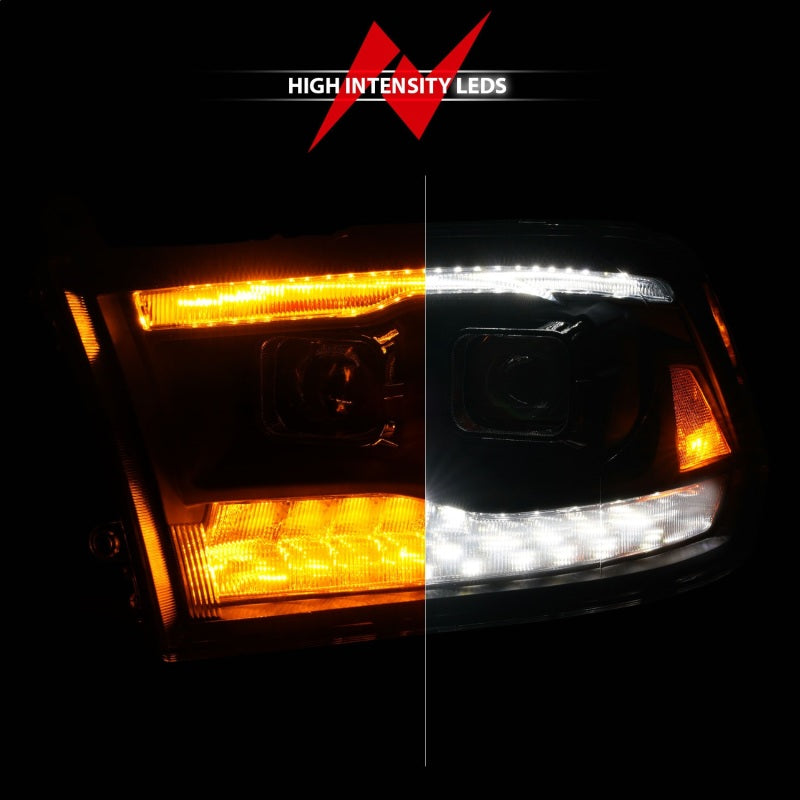 ANZO 09-18 Dodge Ram 1500/2500/3500 Proj HL Headlights featuring a sleek design with switchback functionality.
