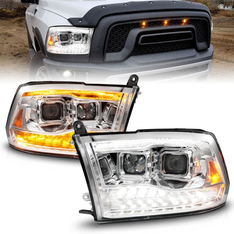 ANZO 09-18 Dodge Ram 1500/2500/3500 Proj HL Headlights featuring a sleek switchback design for enhanced visibility.