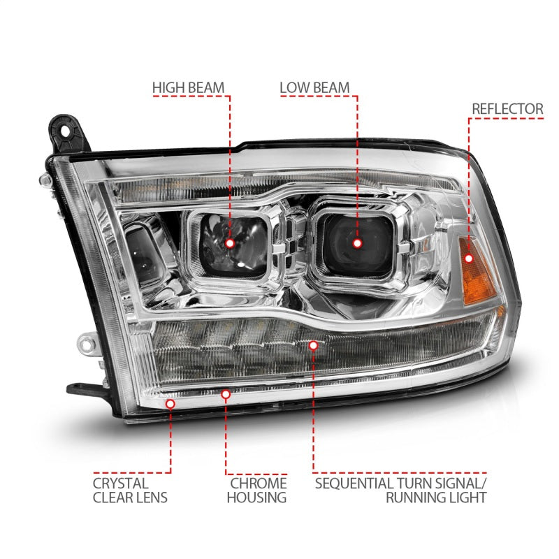 ANZO 09-18 Dodge Ram 1500/2500/3500 Proj HL Headlights featuring a sleek switchback design for enhanced visibility.