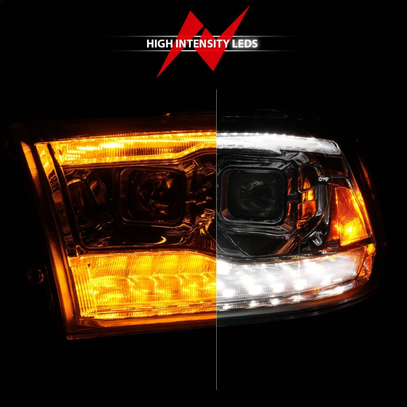 ANZO 09-18 Dodge Ram 1500/2500/3500 Proj HL Headlights featuring a sleek switchback design for enhanced visibility.