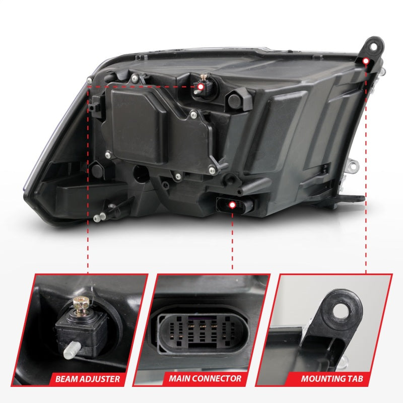 ANZO 09-18 Dodge Ram 1500/2500/3500 Proj HL Headlights featuring a sleek switchback design for enhanced visibility.