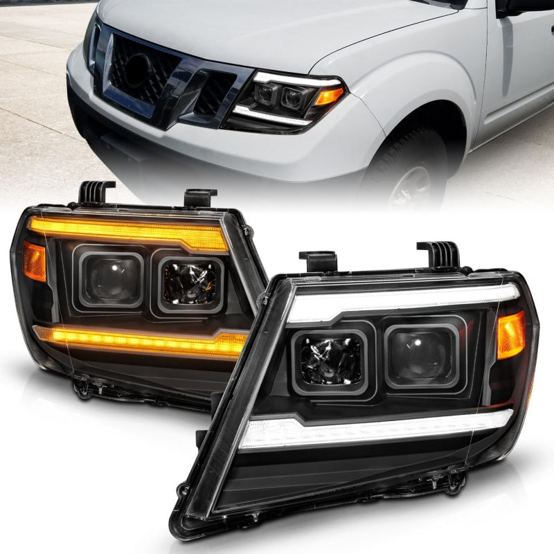 ANZO 09-20 Nissan Frontier Black Projector DRL headlights showcasing sleek design and advanced lighting technology.