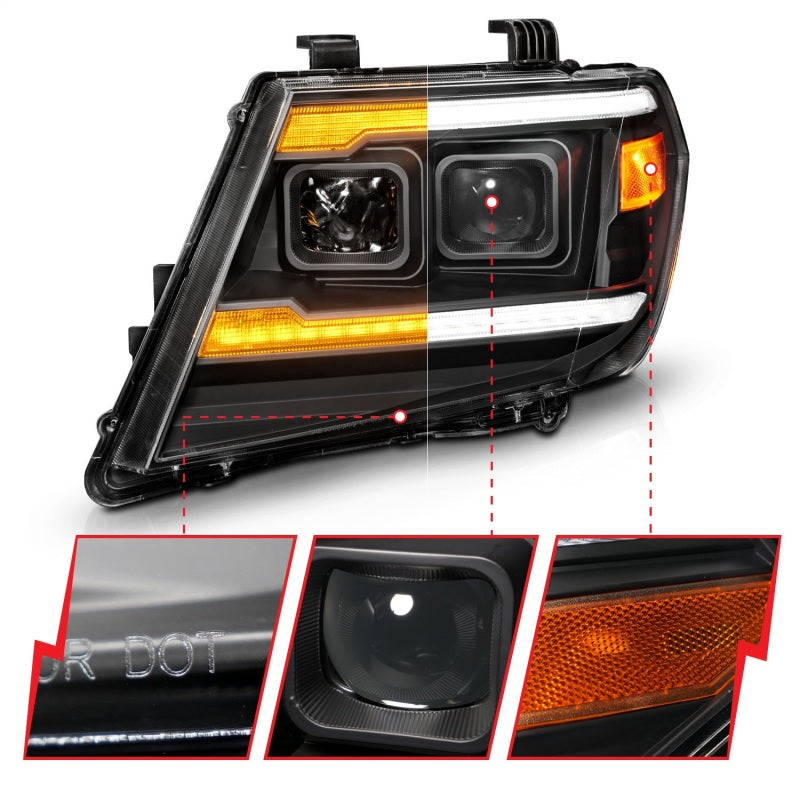ANZO 09-20 Nissan Frontier Black Projector DRL headlights showcasing sleek design and advanced lighting technology.