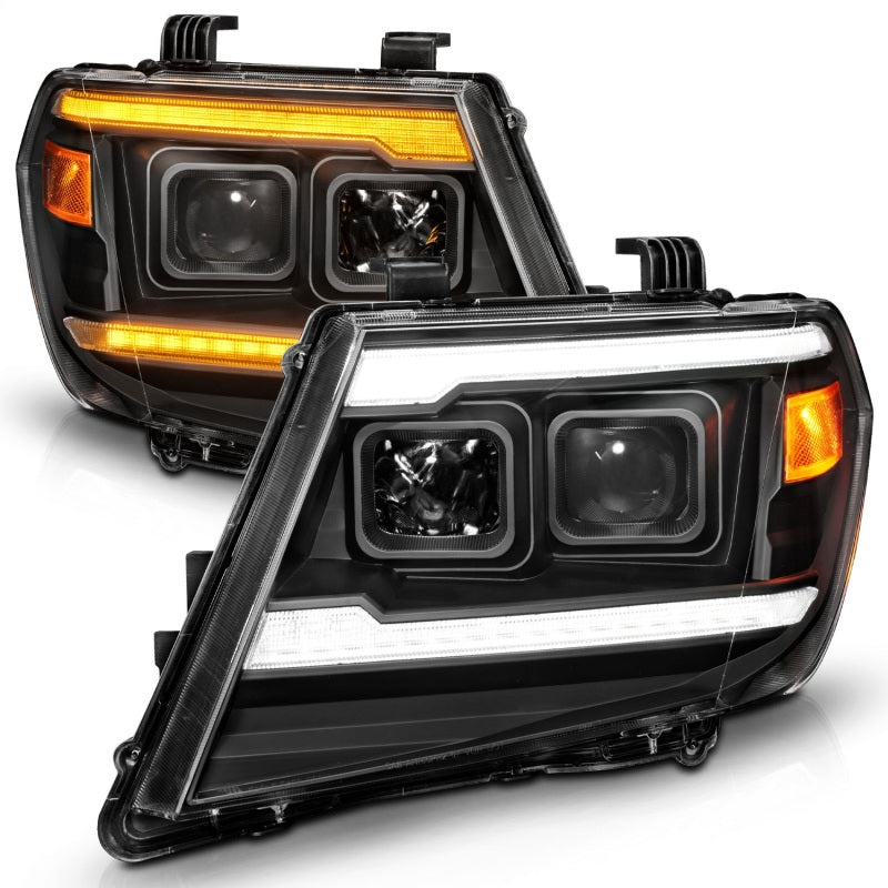 ANZO 09-20 Nissan Frontier Black Projector DRL headlights showcasing sleek design and advanced lighting technology.
