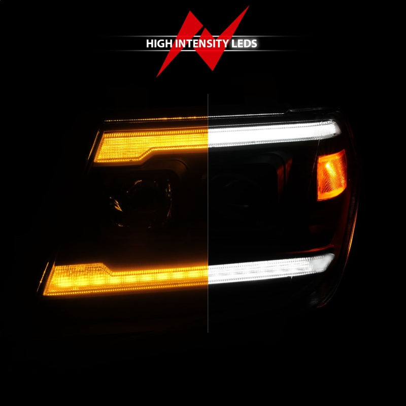 ANZO 09-20 Nissan Frontier Black Projector DRL headlights showcasing sleek design and advanced lighting technology.