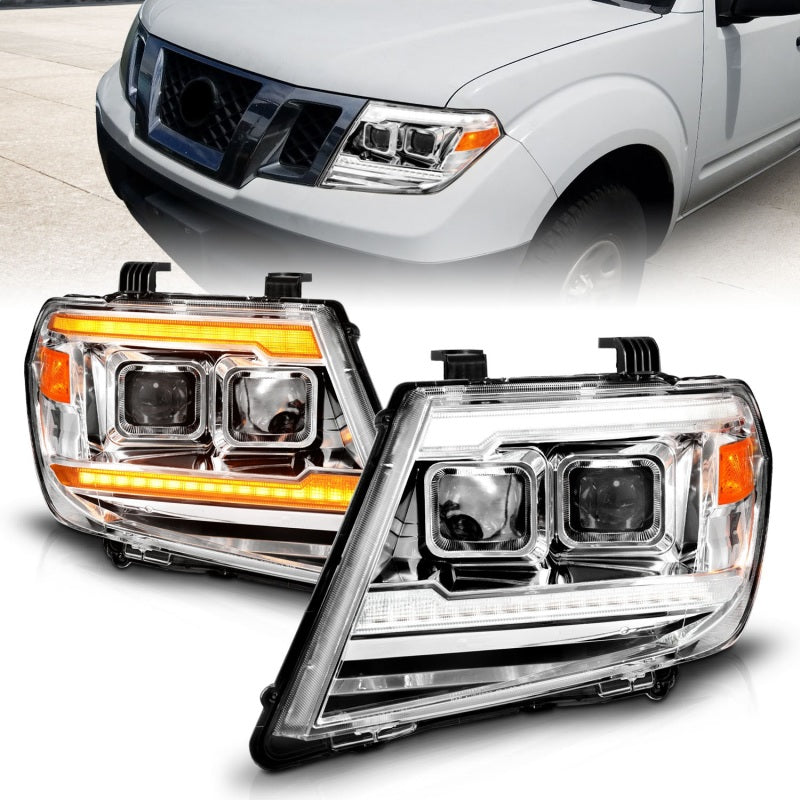 ANZO 09-20 Nissan Frontier Chrome Projector DRL headlights with switch, showcasing modern design and powerful light output.