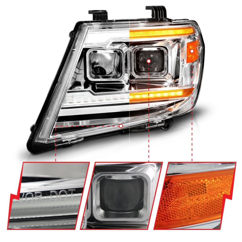 ANZO 09-20 Nissan Frontier Chrome Projector DRL headlights with switch, showcasing modern design and powerful light output.