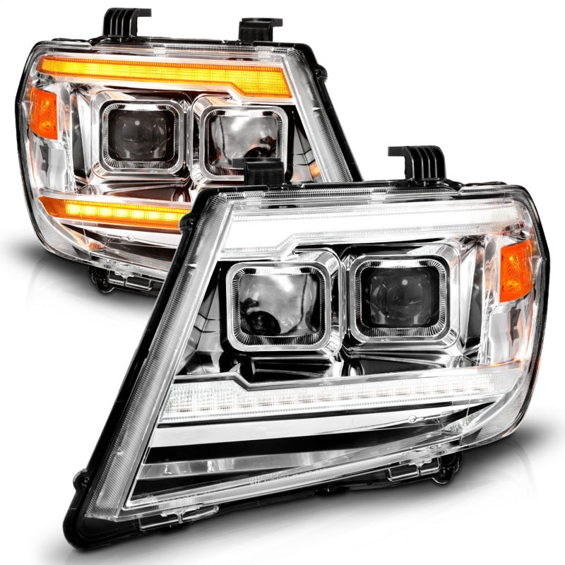 ANZO 09-20 Nissan Frontier Chrome Projector DRL headlights with switch, showcasing modern design and powerful light output.