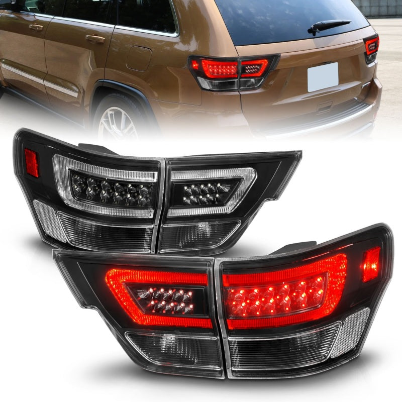 ANZO LED taillights for 2011-2013 Jeep Grand Cherokee with black housing and lightbar design.