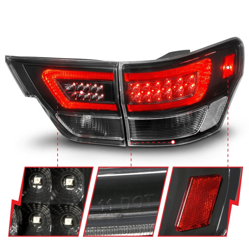 ANZO LED taillights for 2011-2013 Jeep Grand Cherokee with black housing and lightbar design.