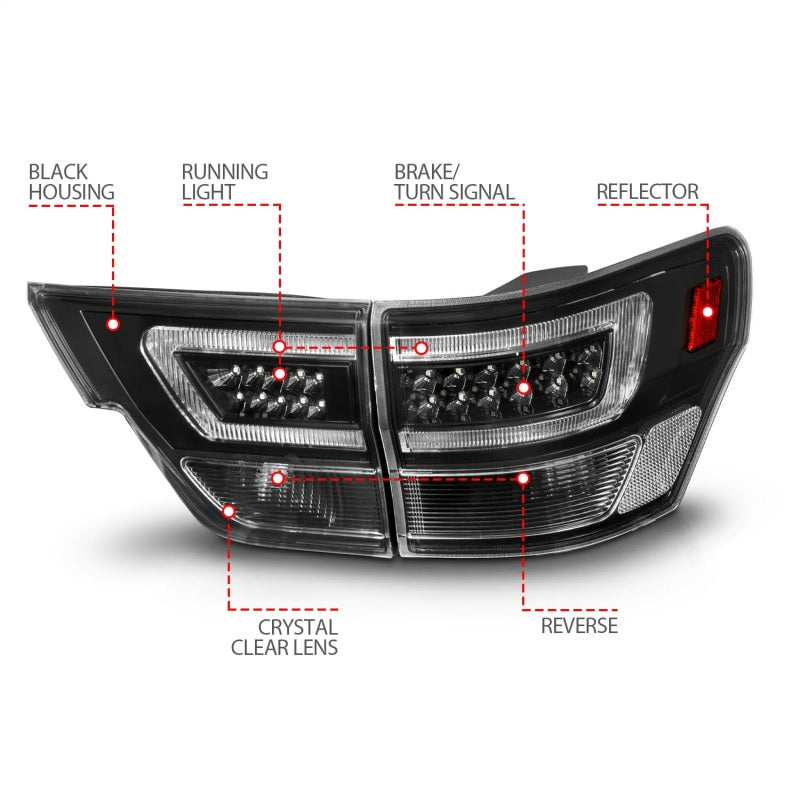 ANZO LED taillights for 2011-2013 Jeep Grand Cherokee with black housing and lightbar design.