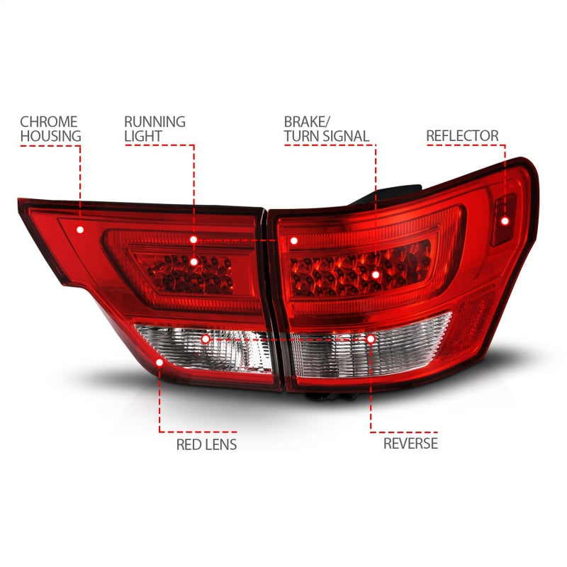 ANZO LED taillights for 2011-2013 Jeep Grand Cherokee with chrome housing and clear lens, showcasing modern design and enhanced visibility.