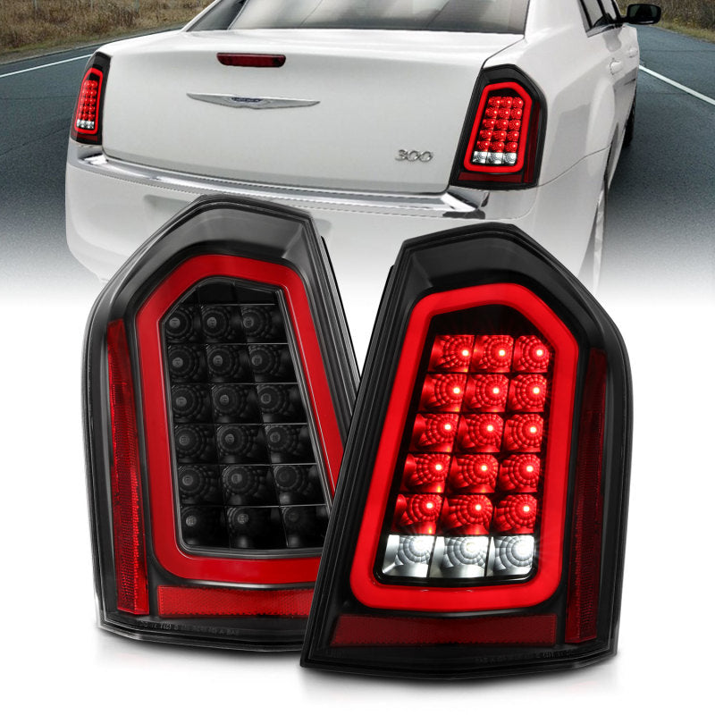 ANZO 11-14 Chrysler 300 LED Taillights in Black with Sequential lighting, showcasing a modern design and enhanced visibility features.