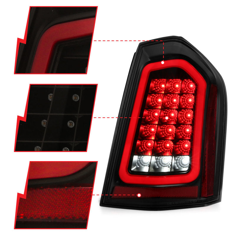 ANZO 11-14 Chrysler 300 LED Taillights in Black with Sequential lighting, showcasing a modern design and enhanced visibility features.