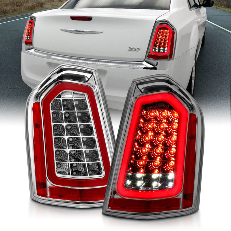 ANZO 11-14 Chrysler 300 LED Taillights in chrome finish with sequential lighting, showcasing modern design and enhanced visibility.