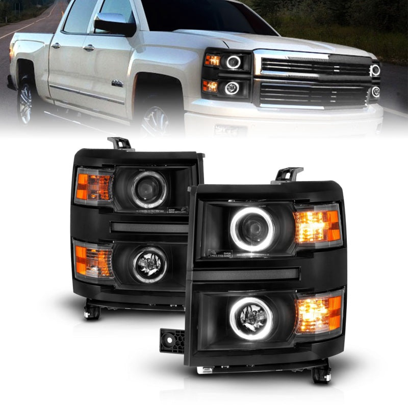 ANZO 14-15 Chevrolet Silverado 1500 Projector Headlights with Halo Black, showcasing sleek design and enhanced illumination.
