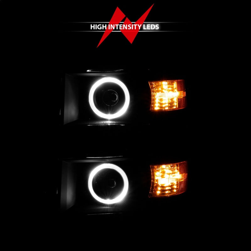 ANZO 14-15 Chevrolet Silverado 1500 Projector Headlights with Halo Black, showcasing sleek design and enhanced illumination.