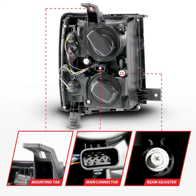 ANZO 14-15 Chevrolet Silverado 1500 Projector Headlights with Halo Black, showcasing sleek design and enhanced illumination.
