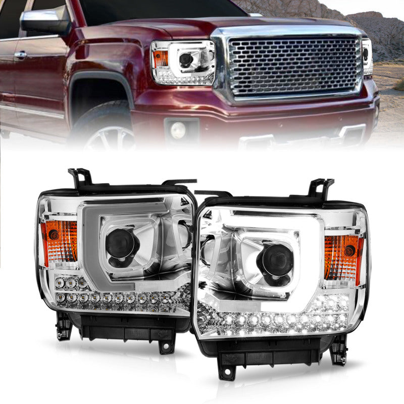 ANZO Plank Style Projector Headlights for GMC Sierra, showcasing sleek design and advanced lighting technology.