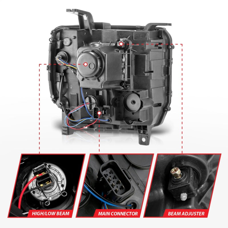 ANZO Plank Style Projector Headlights for GMC Sierra, showcasing sleek design and advanced lighting technology.