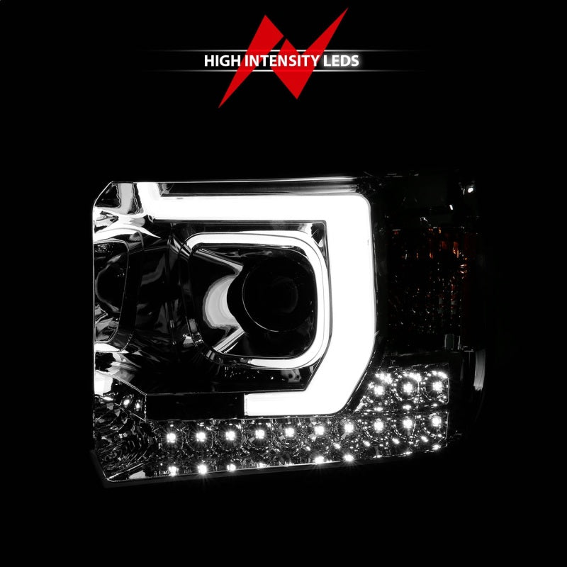 ANZO Plank Style Projector Headlights for GMC Sierra, showcasing sleek design and advanced lighting technology.